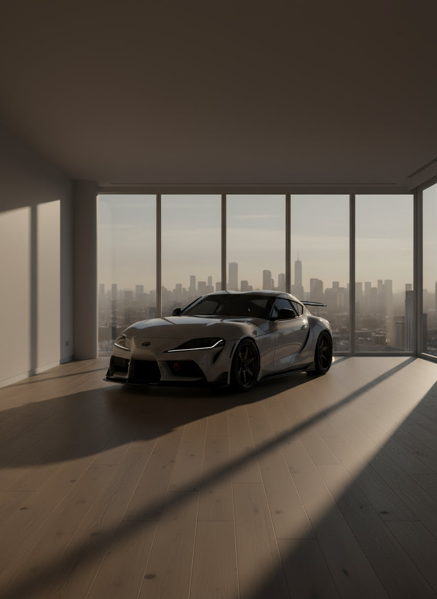 Silver sports car in a garage with a modern interior